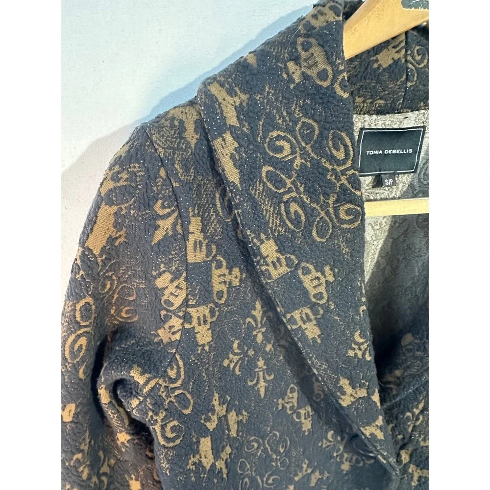 Tonia DeBellis Knit Blazer Jacquard Tapestry Womens Small Brown Black Excellent